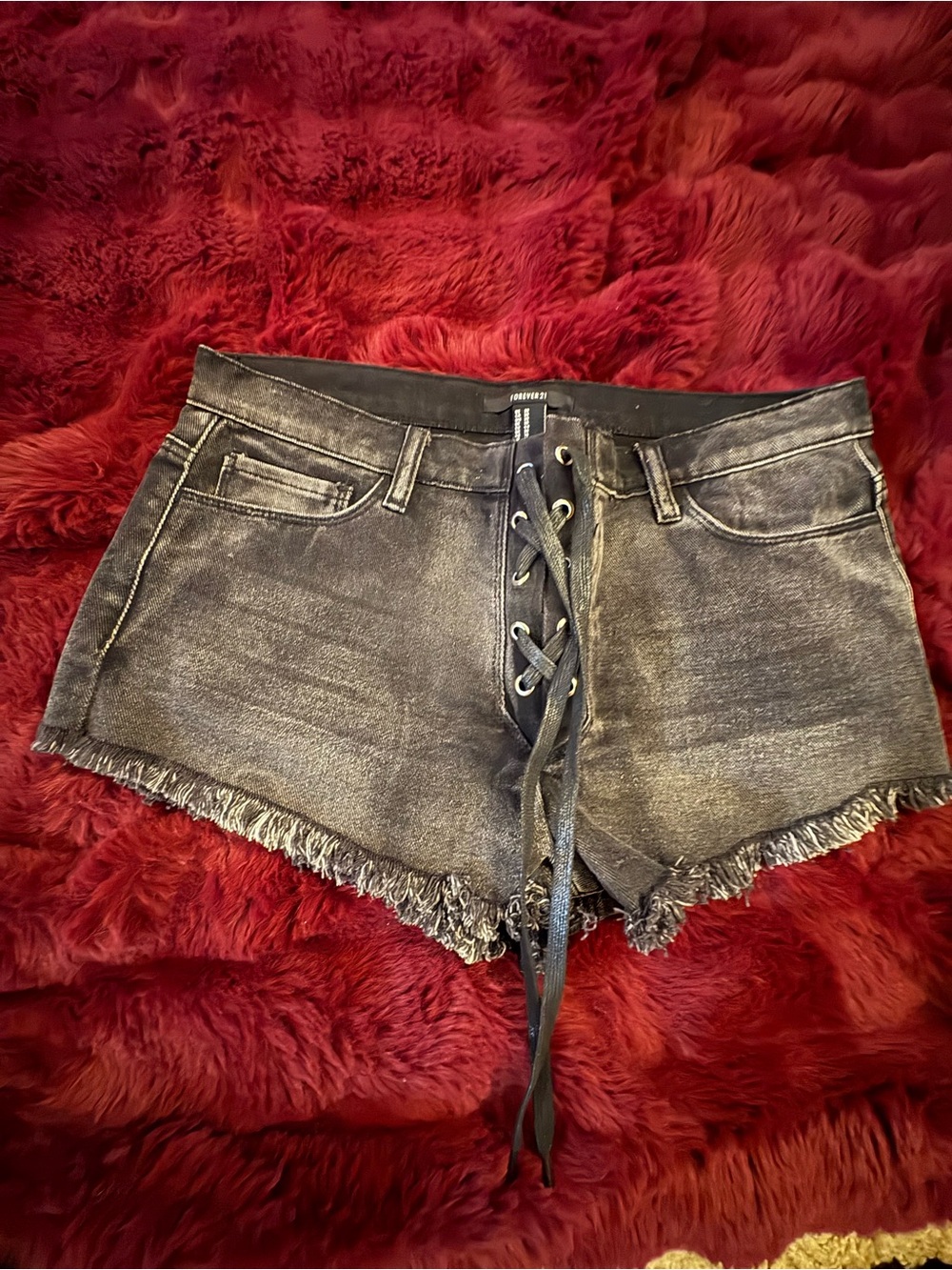 NWT Forever 21 Black Lace-Up Frayed Hem Denim Shorts